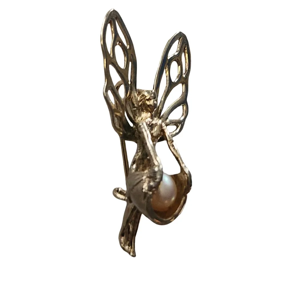 Antique Art Nouveau Early 20th Century Fairy  with Pearl C-Clasp Pin Brooch